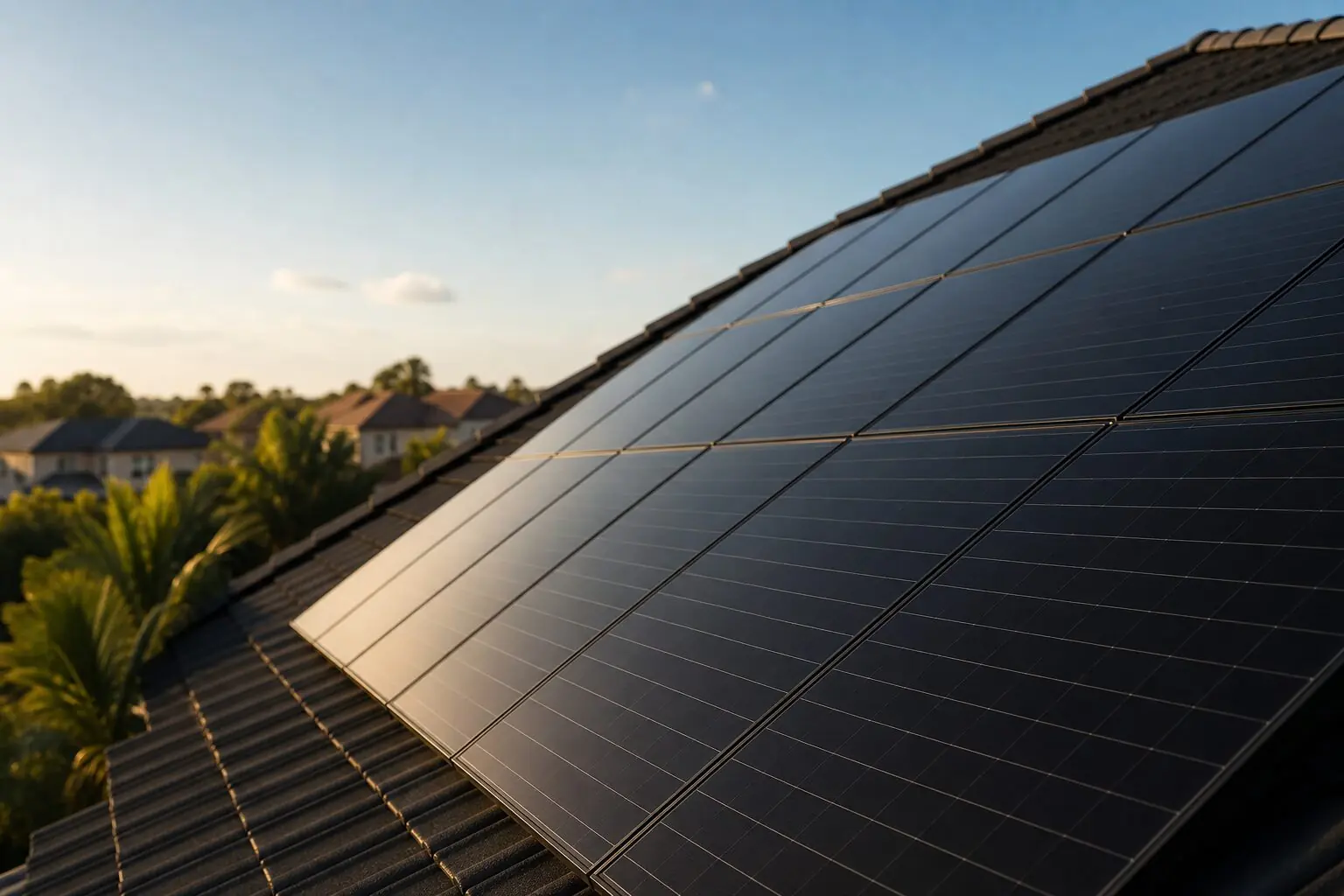 Nahaufnahme von Solarmodulen auf einem Ziegeldach in warmem Sonnenlicht
